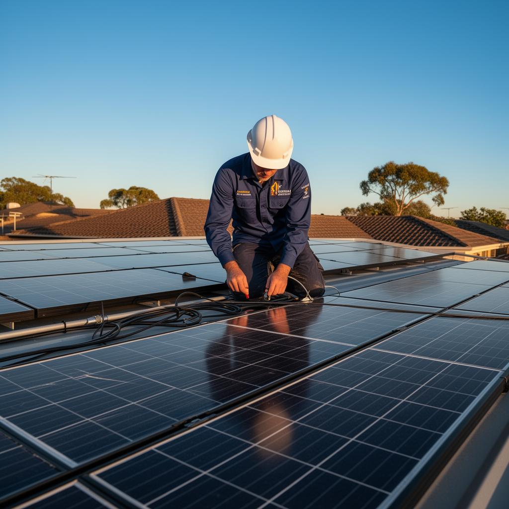 Sun Pulse installer completing a tidy rooftop solar handover at sunset